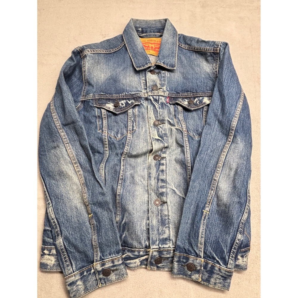 Levis 72334 Distressed Denim Trucker Jacket Medium Wash Mens Size Large Blue